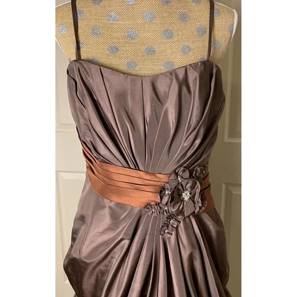 Simone Carvalli Dress Brown Woodland Forest Fairy Ruched Floral Appliqué Size 12 - Picture 2 of 16